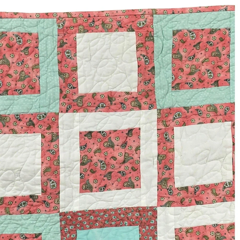 Handmade Patchwork Throw Quilt Coral Aqua Square Blocks 39x39